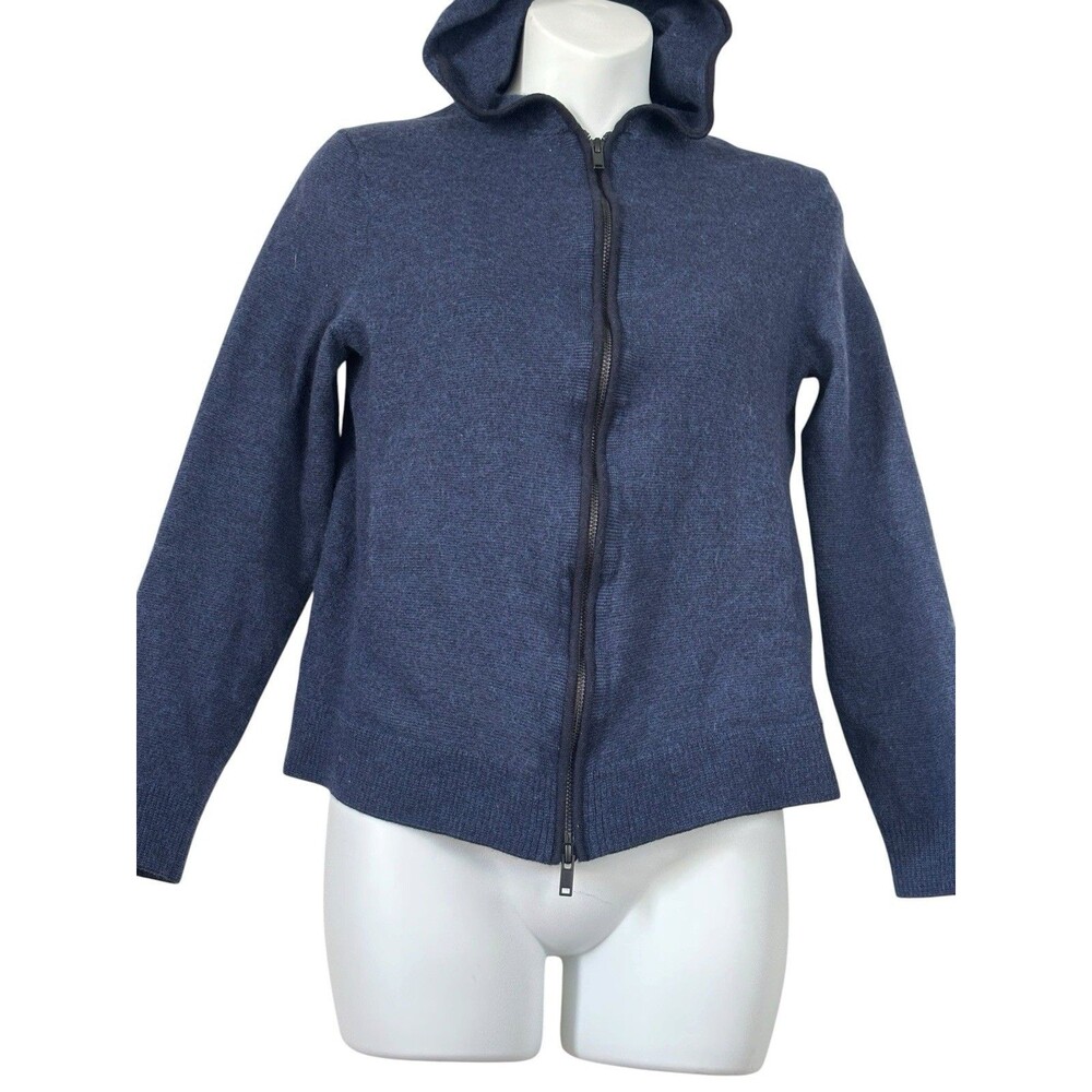 Theory full-zip hooded knit cardigan Heather Navy Marino Wool SZ M
